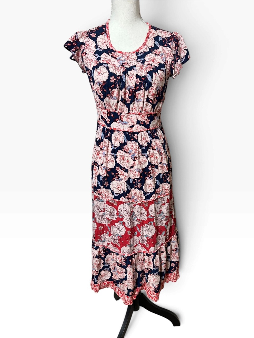 Knox Rose Navy and Red Floral Tiered Midi Dress